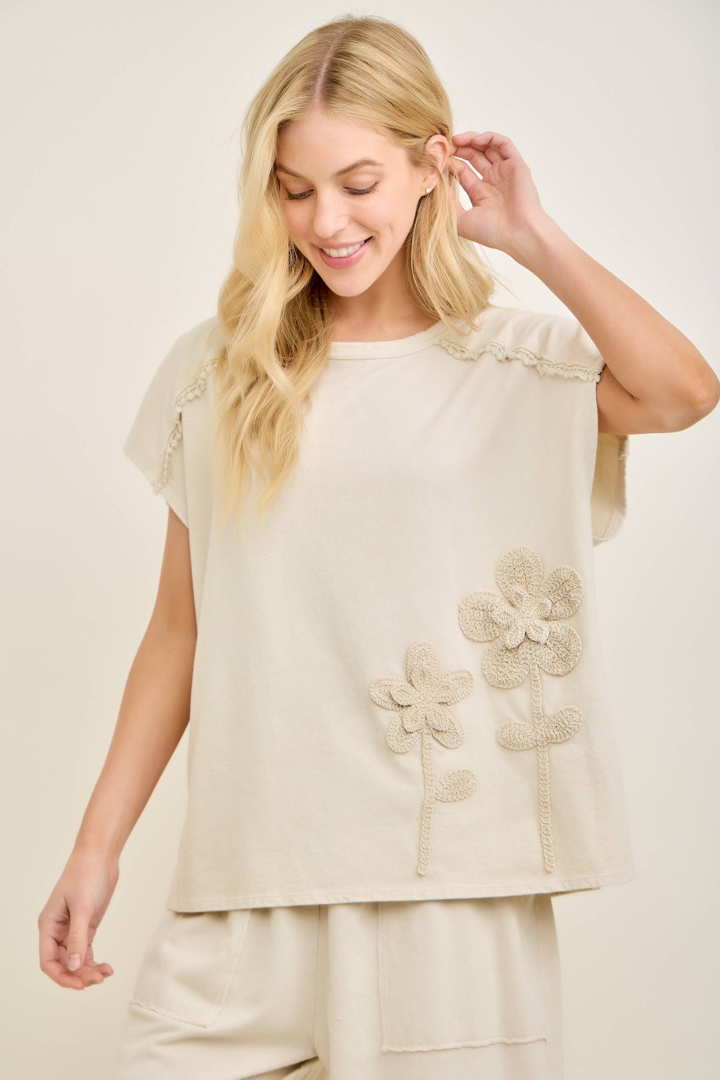 Mineral Washed Flower Garden Sleeveless blouse top HT7012: Papaya / S-M-L / 2-2-2