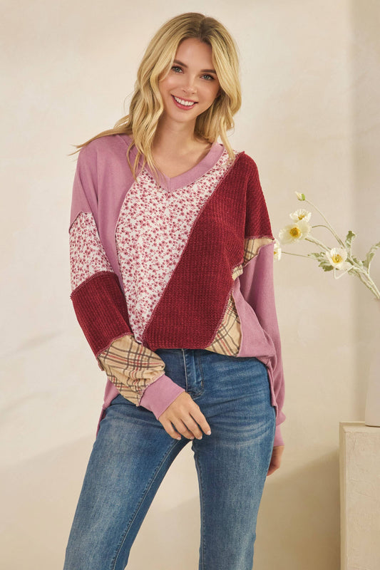 Multi Fabric Patchwork V Neck Long Sleeve Top: MAUVE / 2-2-2-2(S-M-L-XL)