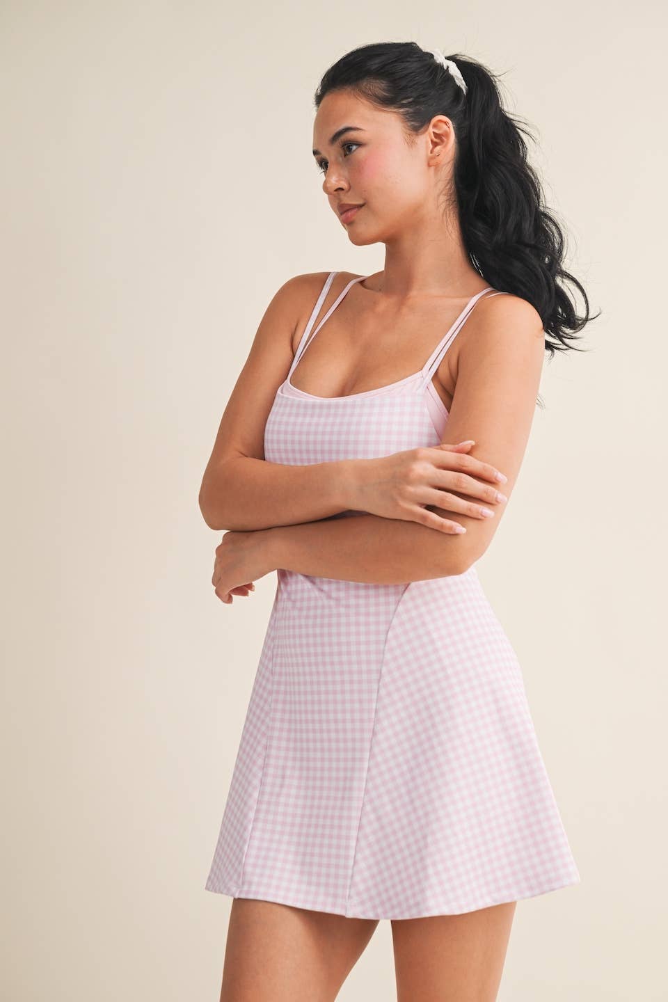 Gingham Print Double Layered Dress: Blue Gingham / M