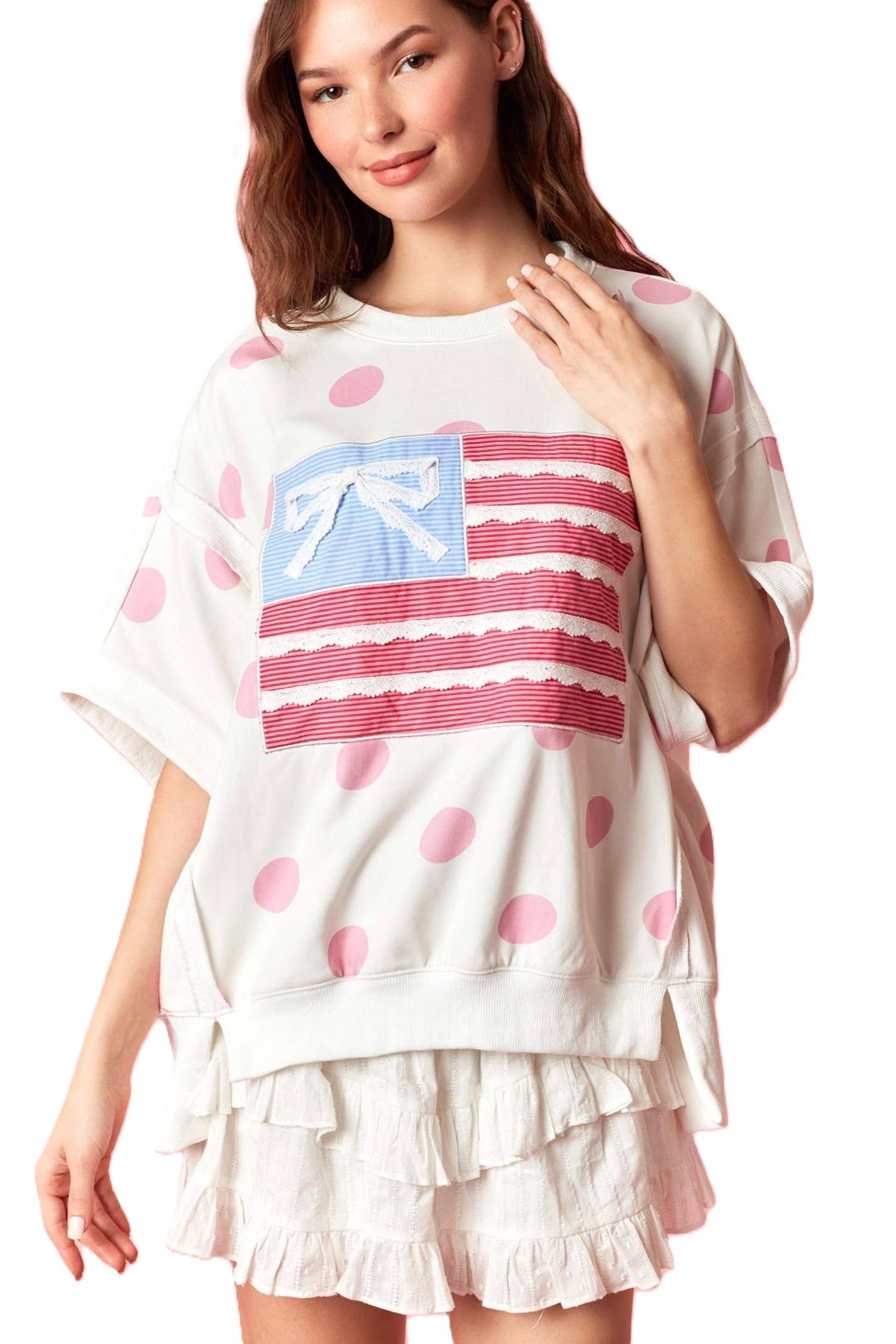 Big Dot French Terry Stars And Stripe Flag Patches Top: LT BLUE / OFF WHITE / 2-2-2(S-M-L)