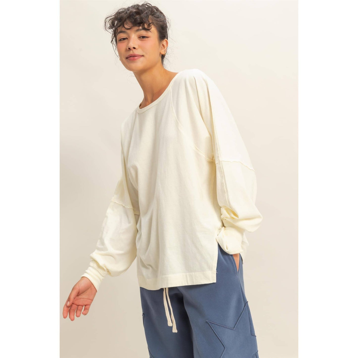 Washed Oversized Long Sleeve Top With Slit: CREAM / S-M-L(2-2-2)