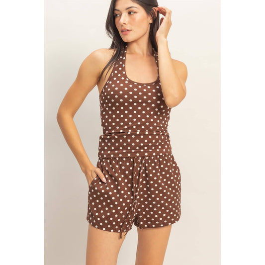 Polka Dot Drawstring Shorts: BROWN / S-M-L(2-2-2)