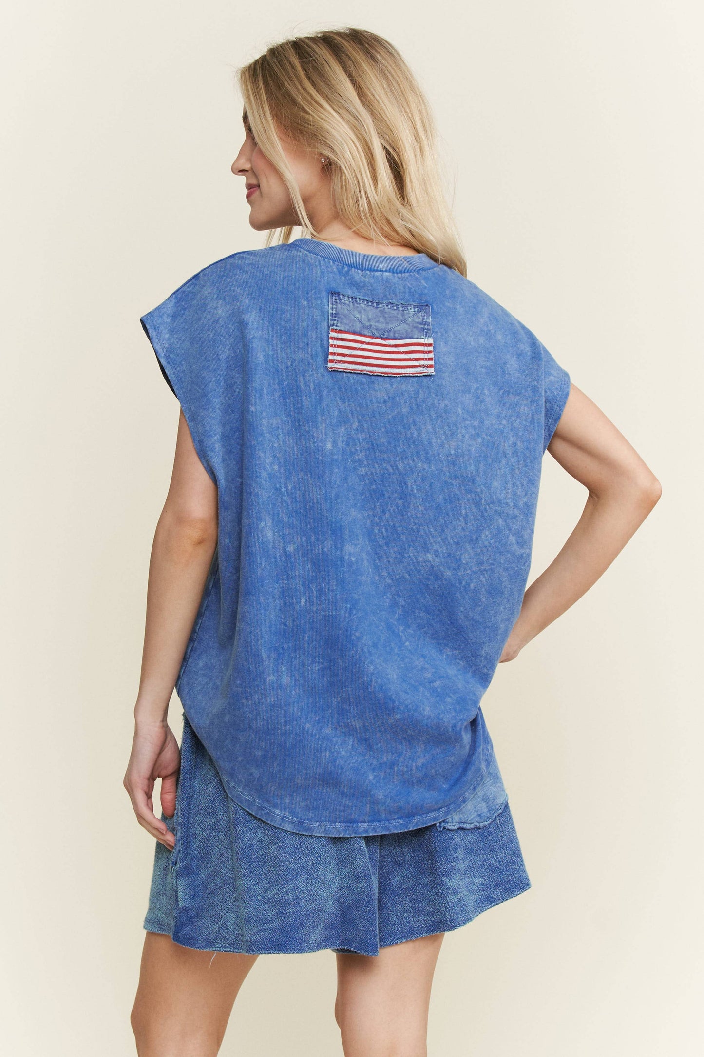 MineralWashed Americana Bow Sleeveless Blouse top HT5647P2: Cobalt