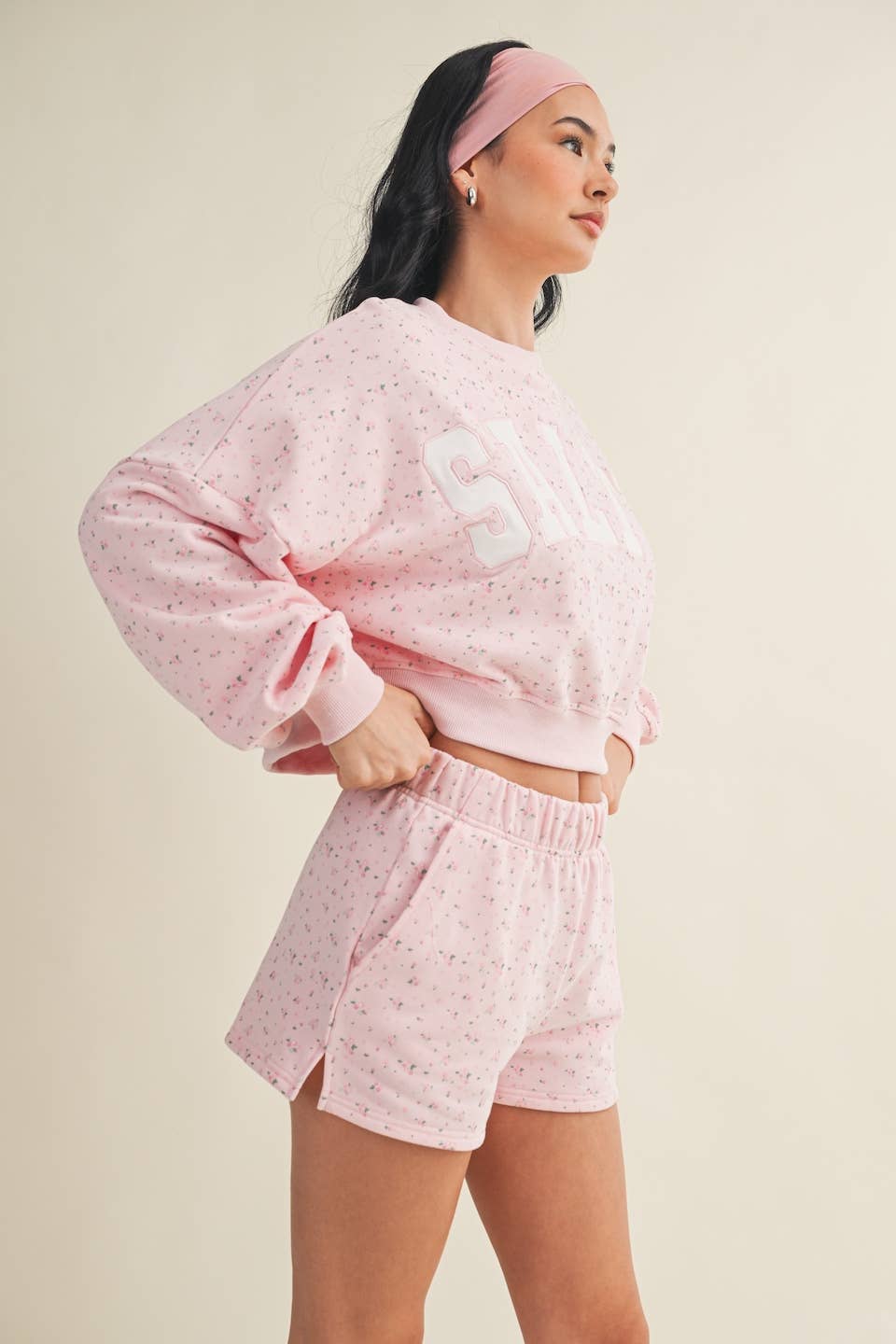 Salty Ditsy Print Crewneck Crop Sweatshirt: Pink Ditsy / S