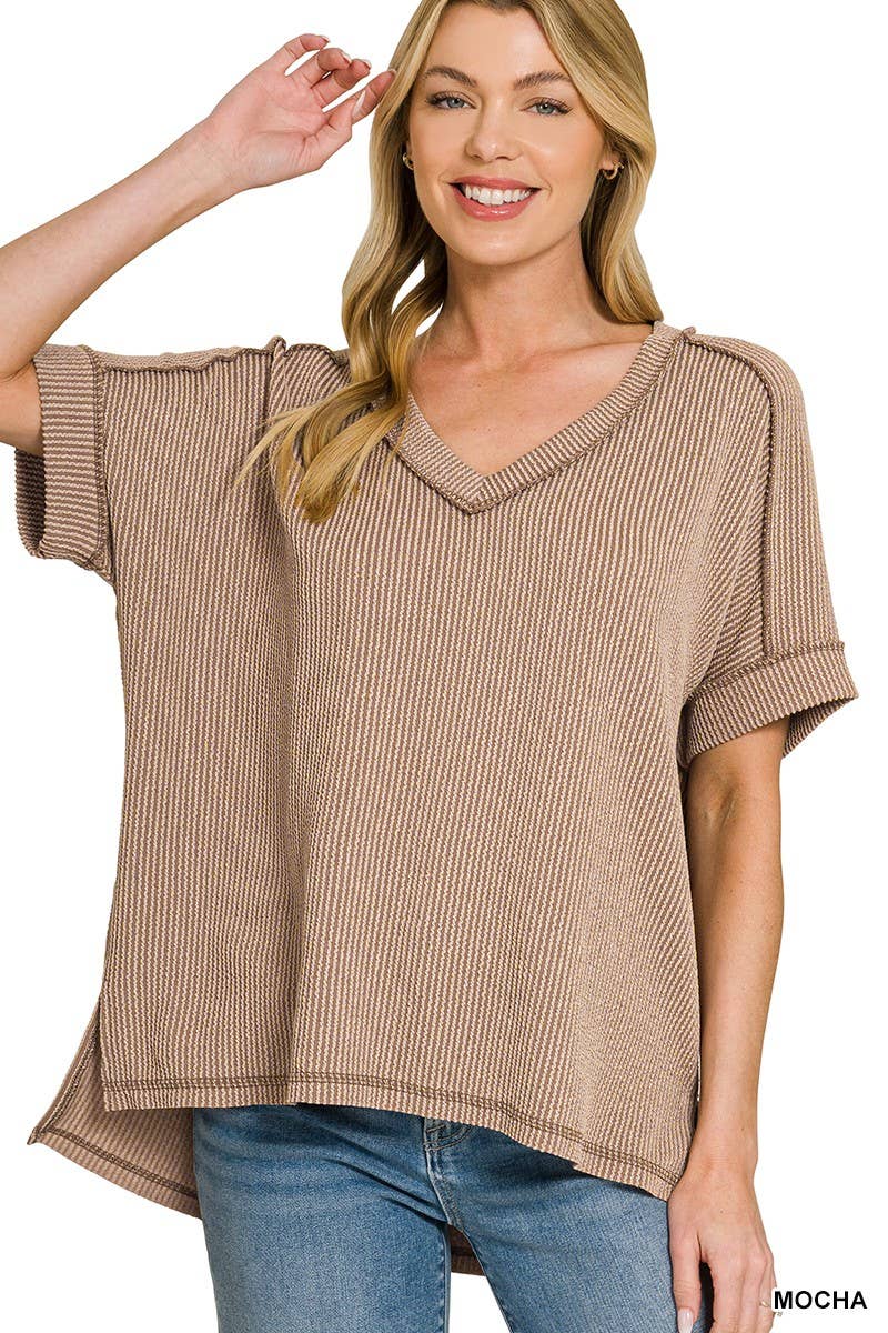 Raised Rib Short Sleeve Hi-low V Neck Top: RUBY / 3-3(S/M-L/XL)