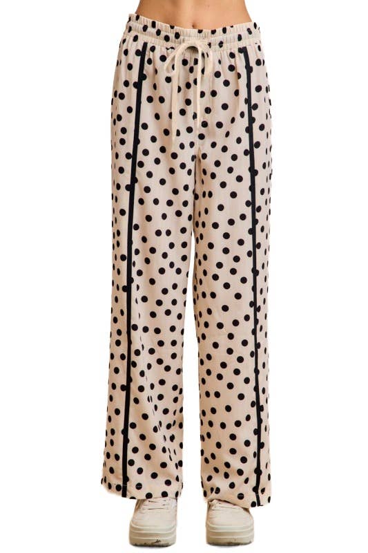 Polka Dot Front Binding Detail Straight Leg Pants: CREAM/BLACK / 2-2-2-2(S-M-L-XL)