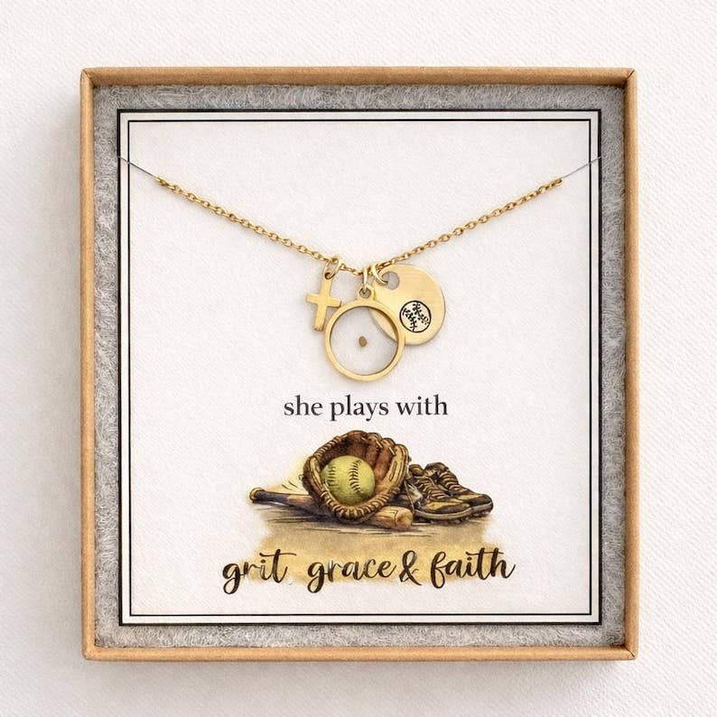 Softball Cross Mustard Seed Necklace for Girl – Faith Based Softball Player Gift, Christian Athlete Jewelry, Senior Night Gift: Gold Add Gift Box / Without Mustard Seed