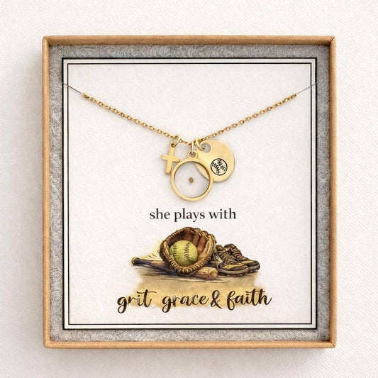 Softball Cross Mustard Seed Necklace for Girl – Faith Based Softball Player Gift, Christian Athlete Jewelry, Senior Night Gift: Gold Add Gift Box / Without Mustard Seed