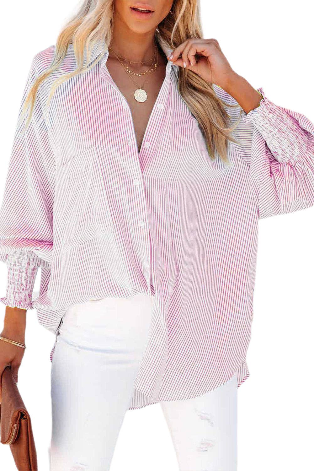 Stripe Smocked Cuff Pocketed Shirt: Sky Blue / XL