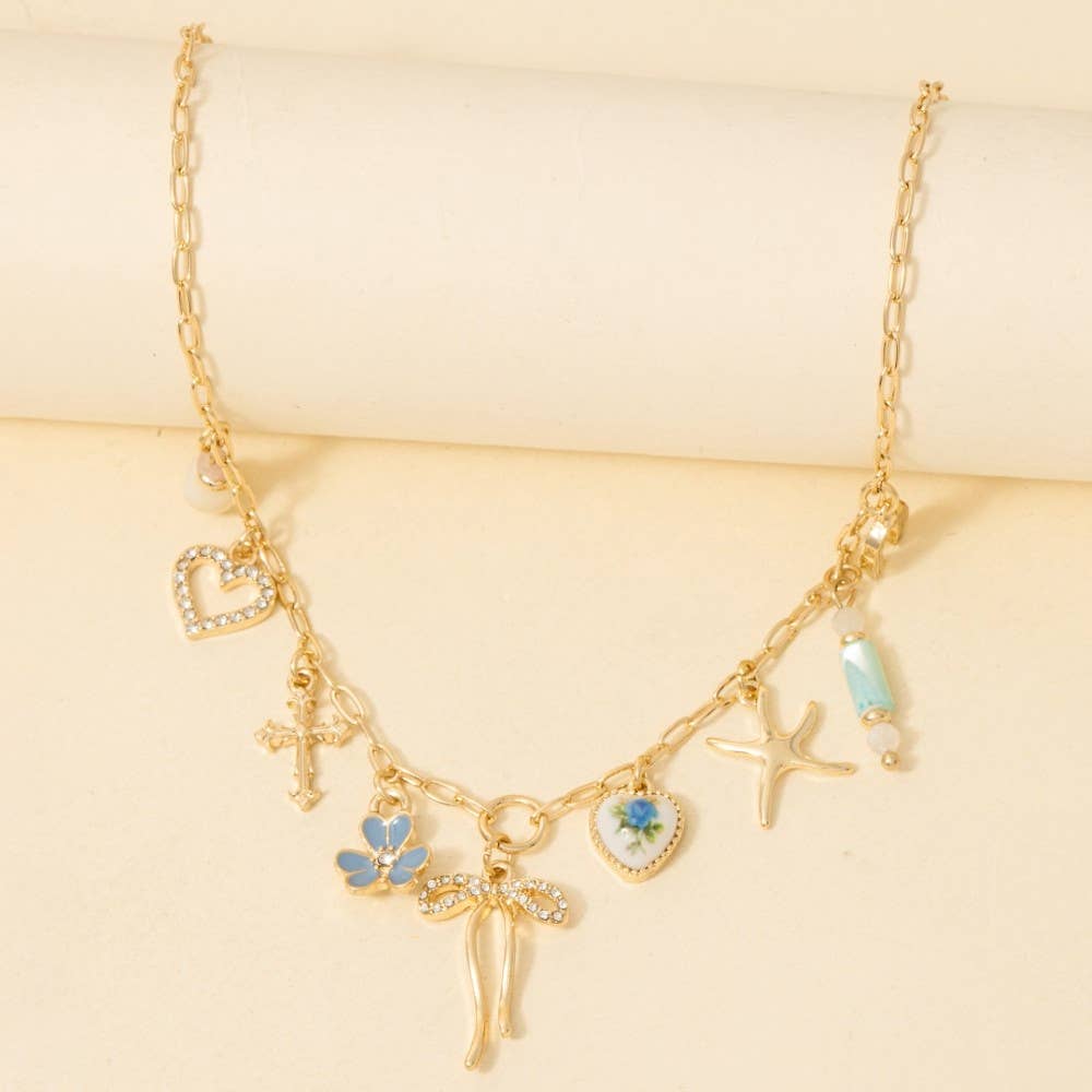 Floral Ceramic Hearts And Bow Mixed Charms Chain Necklace: XG