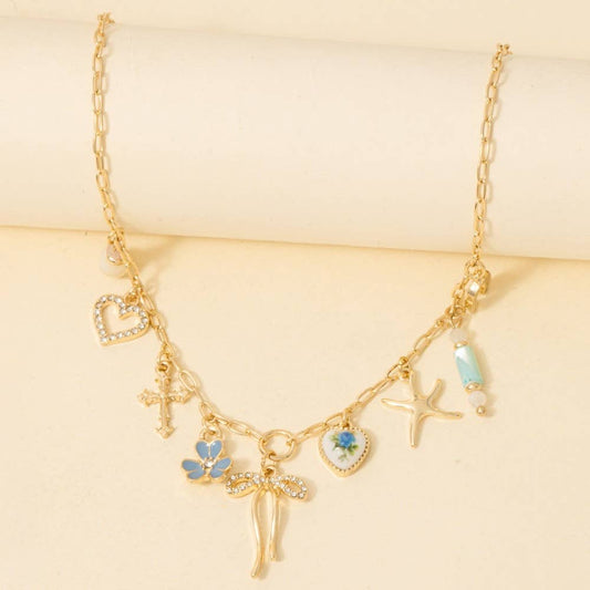 Floral Ceramic Hearts And Bow Mixed Charms Chain Necklace: XG