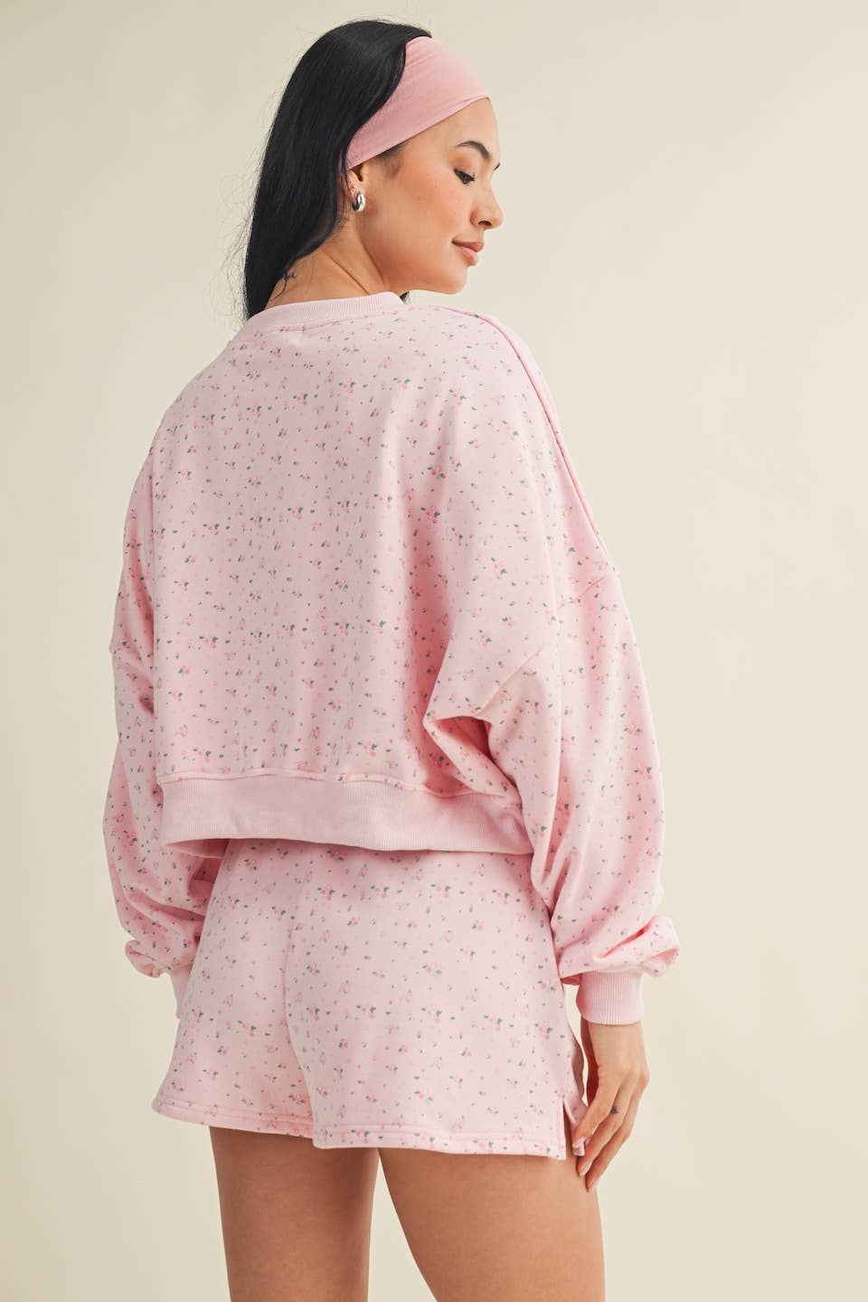 Salty Ditsy Print Crewneck Crop Sweatshirt: Pink Ditsy / M