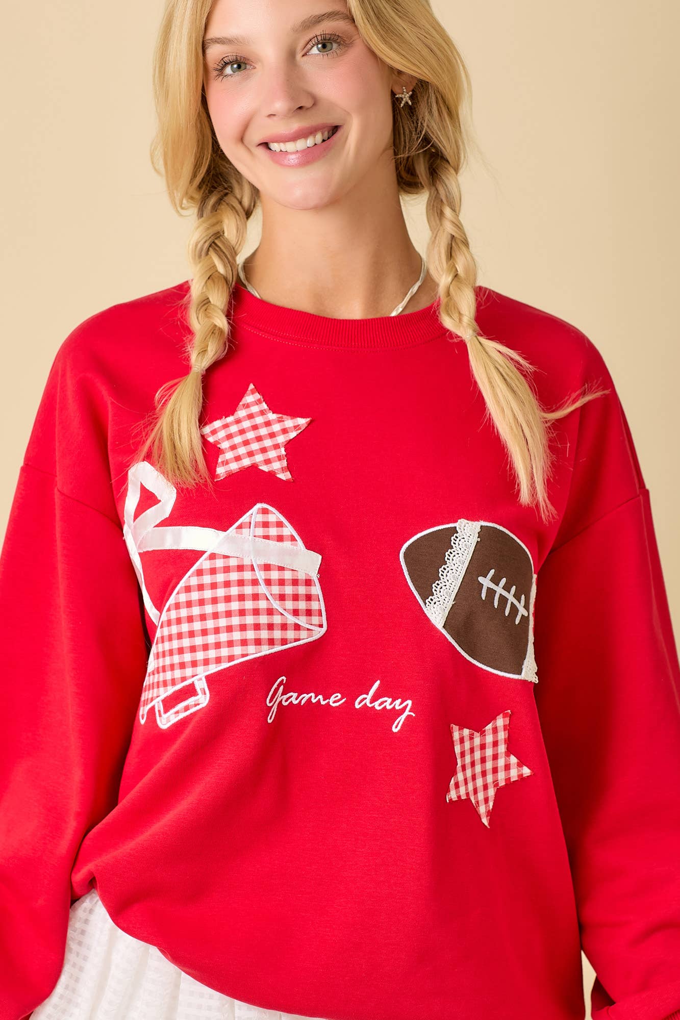 Football Game Day Patchwork Long Sleeve Crewneck Top: BLACK / S