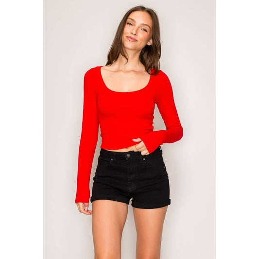 Ribbed Long Sleeve Wide Neck Top: Red / S-M-L(2-2-2)