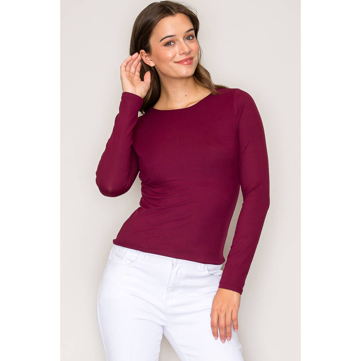 Double Layer Crew Neck Long Sleeve Rib Knit Top: Wine / S-M-L(2-2-2)