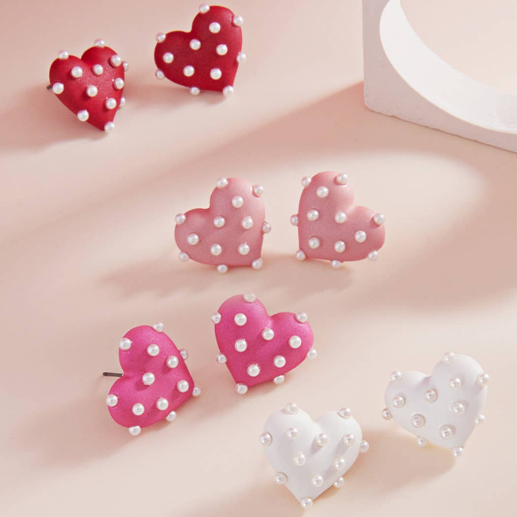 Heart Shaped Color Coated with Pearls Post Earrings: HPK / ONE SIZE