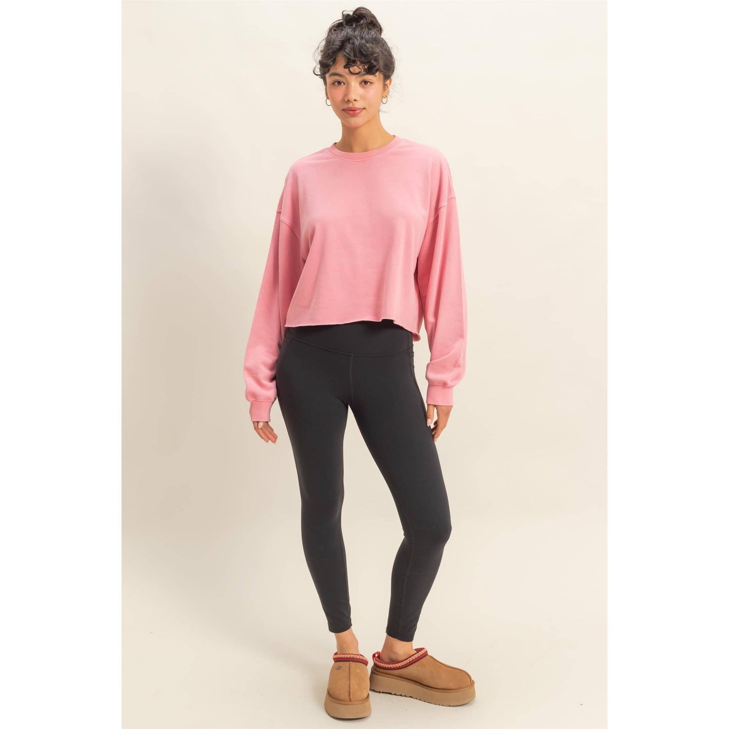 Cropped Crewneck Sweatshirt With Oversized Sleeves: BLACK / S-M-L(2-2-2)