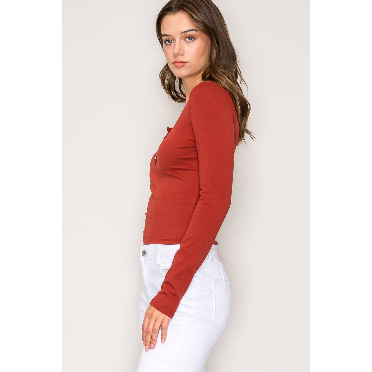 Notch V Neck Button Front Long Sleeve Cotton Top: Chili Oil / S-M-L(2-2-2)