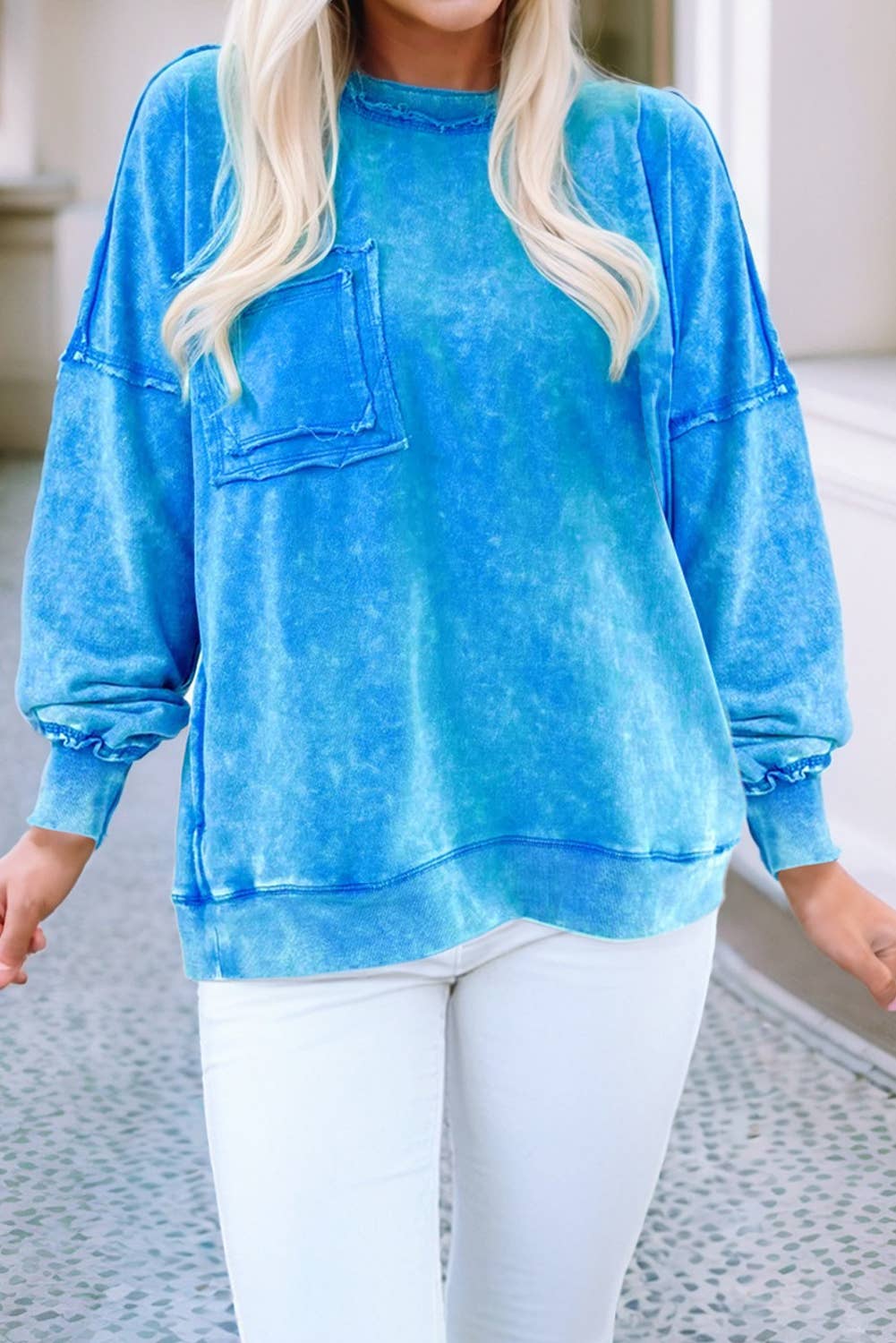 LDC Solid Acid Wash Pocket Pullover: Blue / L
