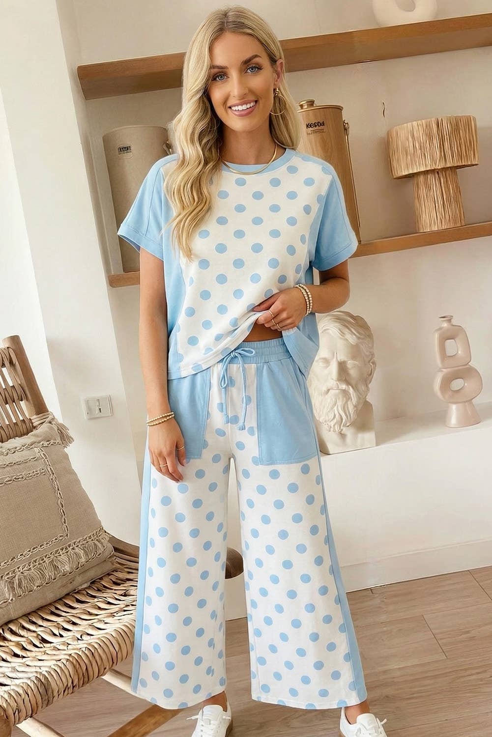 66 Polka Dot Top and High Waist Shorts 2pcs Set (S-XL): Sky Blue / L