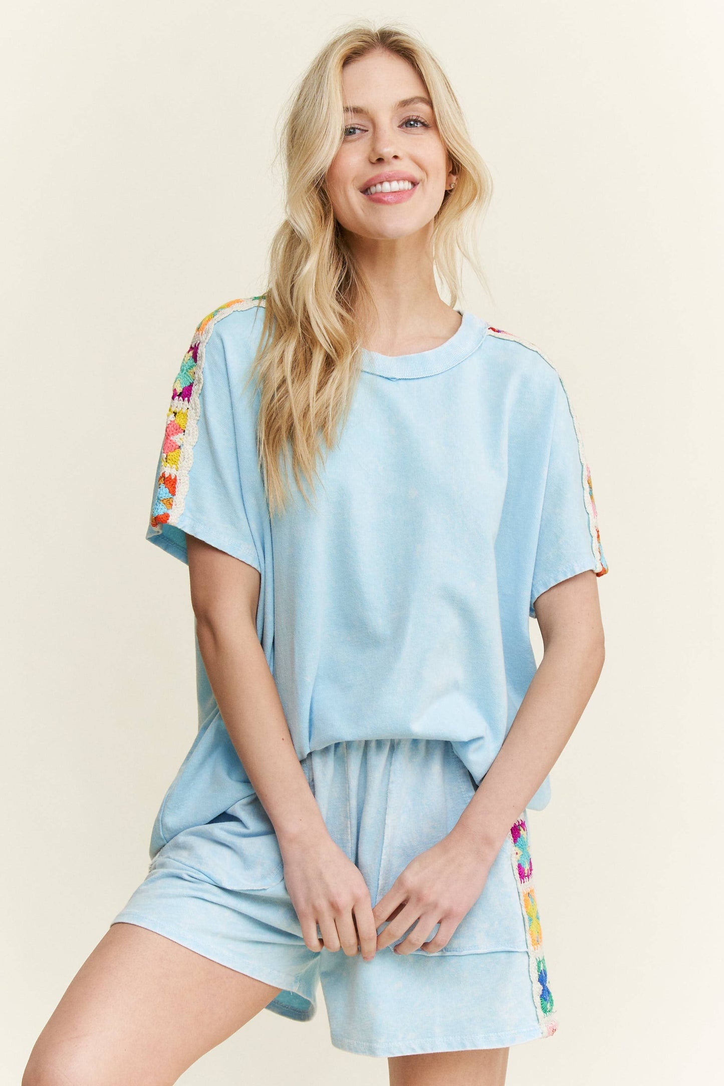 Mineral Washed Crochet patch side trim Knit top HT6395: Natural / S-M-L / 2-2-2
