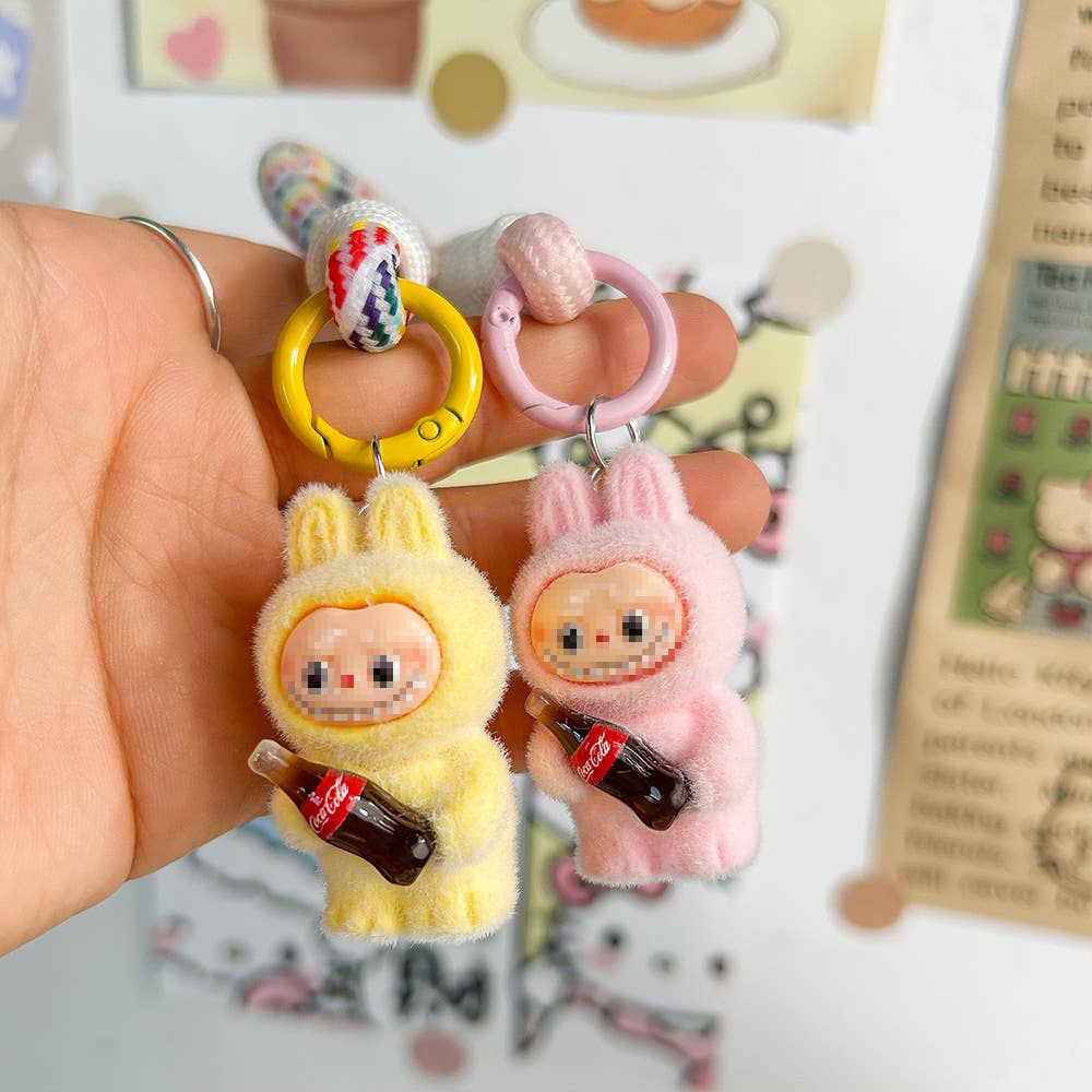 Get Cola in my hands Fluffy Labubu bag charm rope keychain: Purple