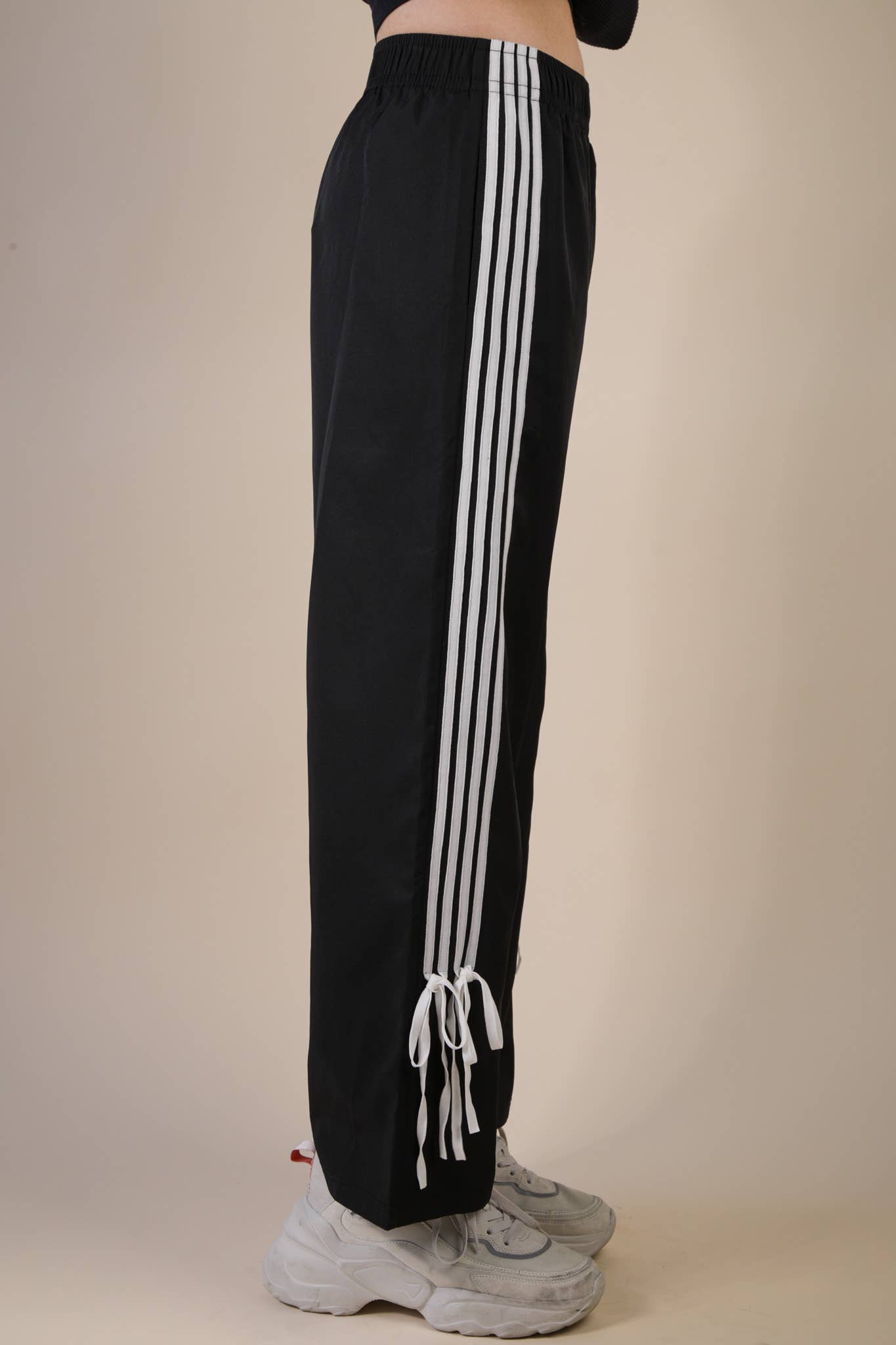 NP70839-Side Ribbon Detail Jersey Pants: BLACK / S-M-L/2-2-2