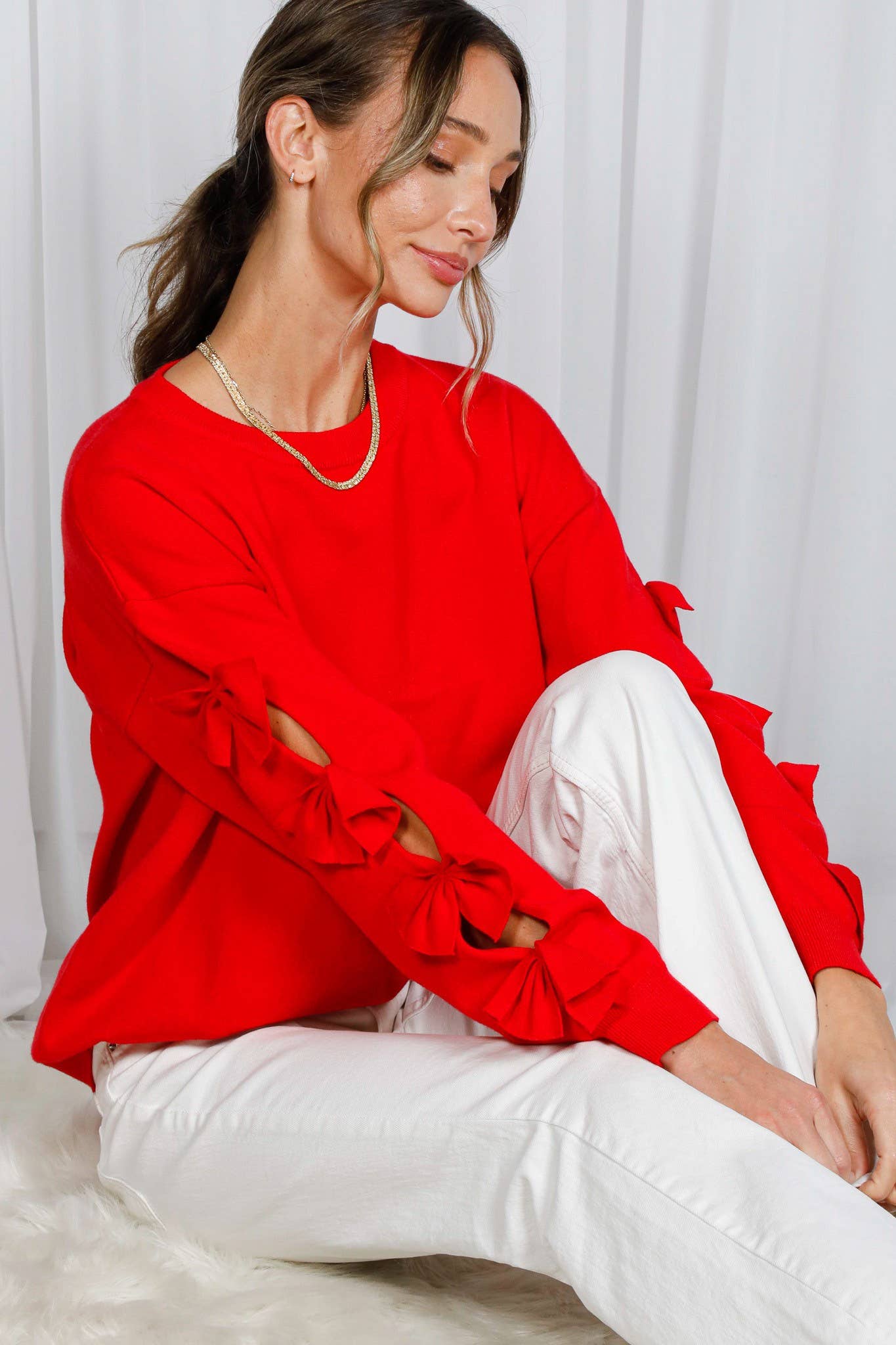 Bow Embellished Long-Sleeve Crew Neck Knit Sweater VT82605: Black / L