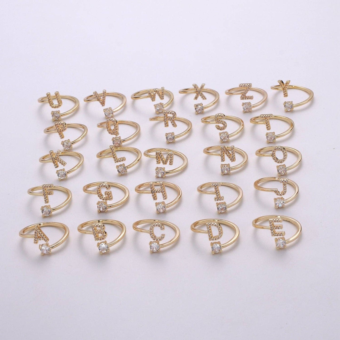 Adjustable Gold Initial Ring With CZ R370~R395: N