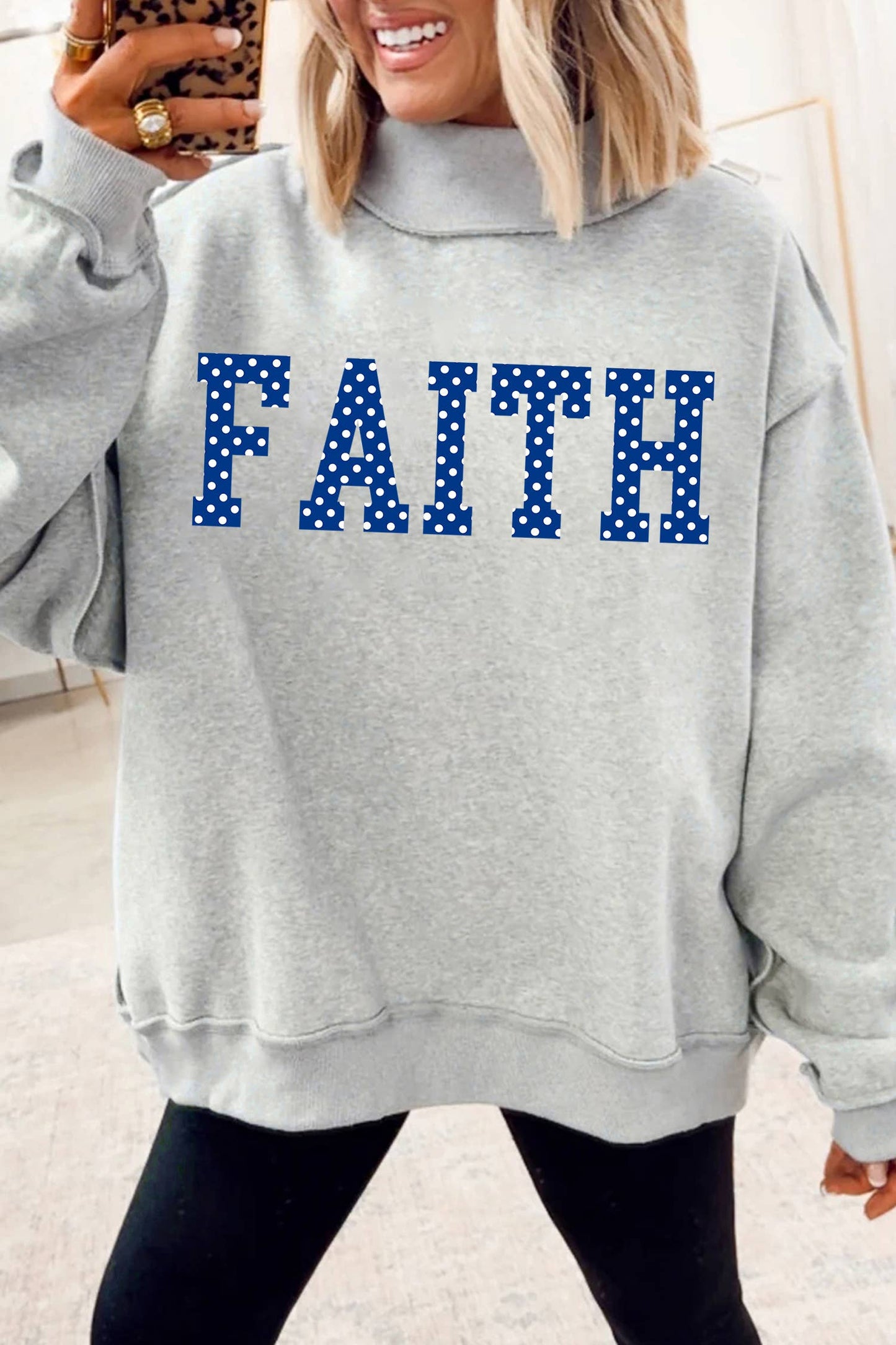 LDC Polka Dot FAITH Print Mock Neck FAIT Shift Top: Light Grey / XL