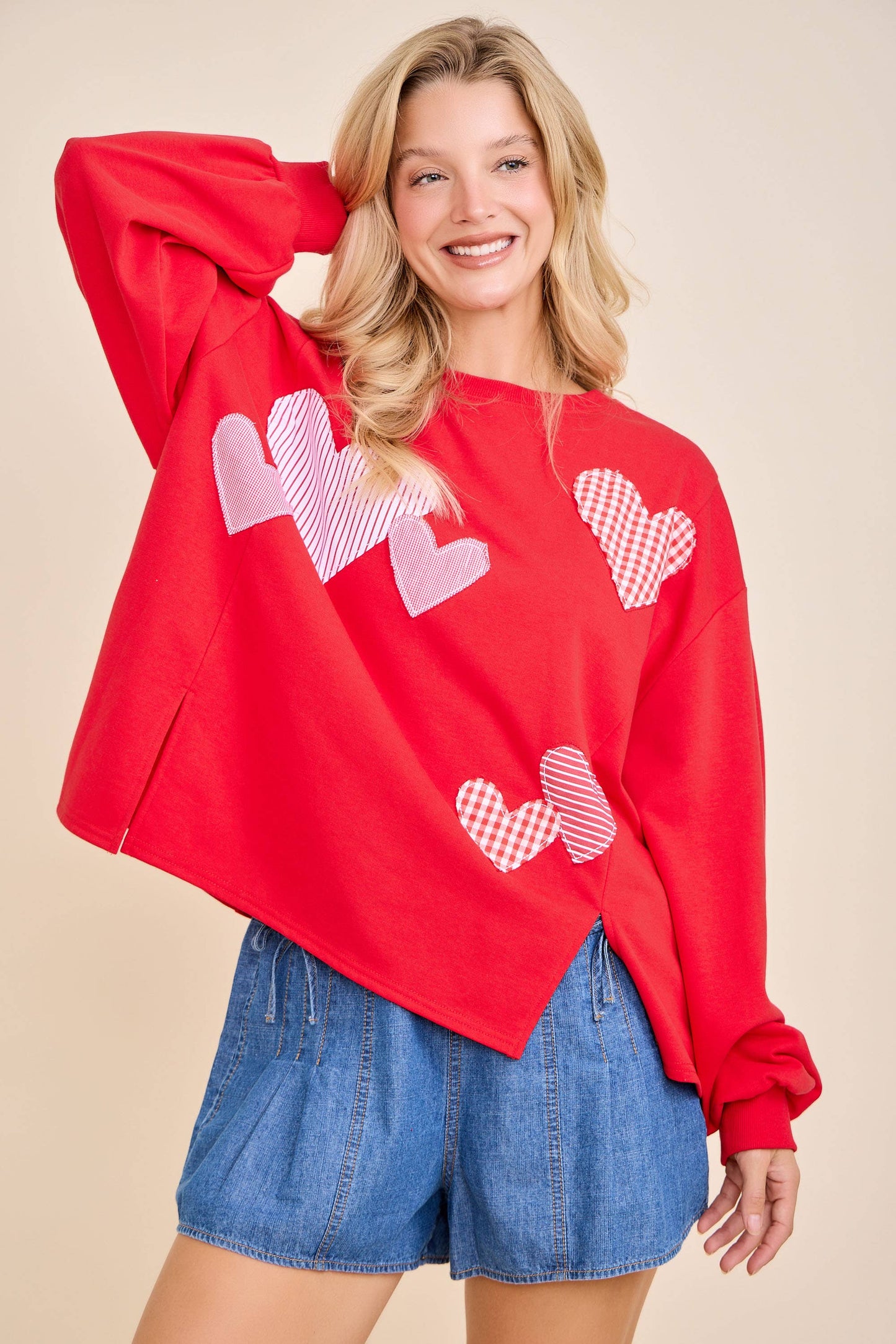 Red Heart Patchwork Sweatshirt – Valentine Pullover: RED / M