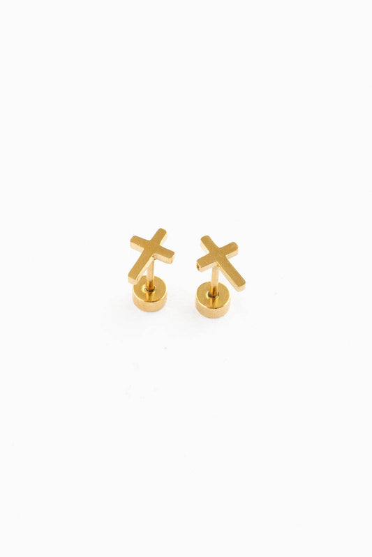 Cross Stud Earrings - Hypoallergenic, Flat Back, Girl Gift: Silver / Pair