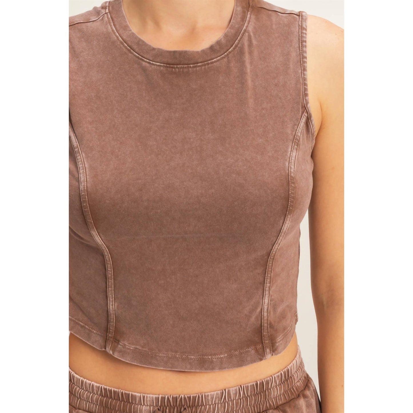 Mineral Washed Sleeveless Top & Wide Leg Pants Set: BLACK / S-M-L(2-2-2)
