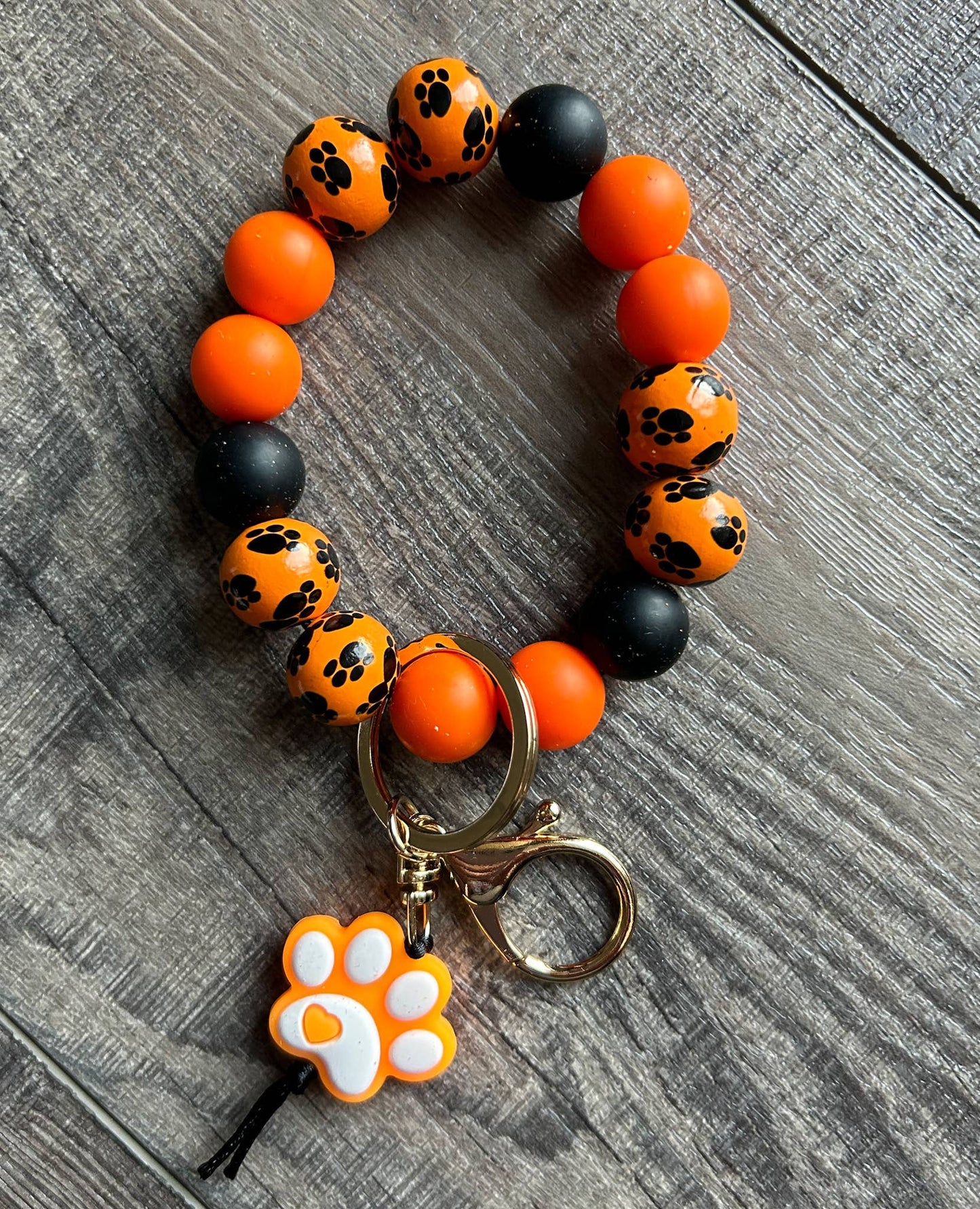 Paw Print Silicone and Wooden Bead Wristlet Keychain: Teal
