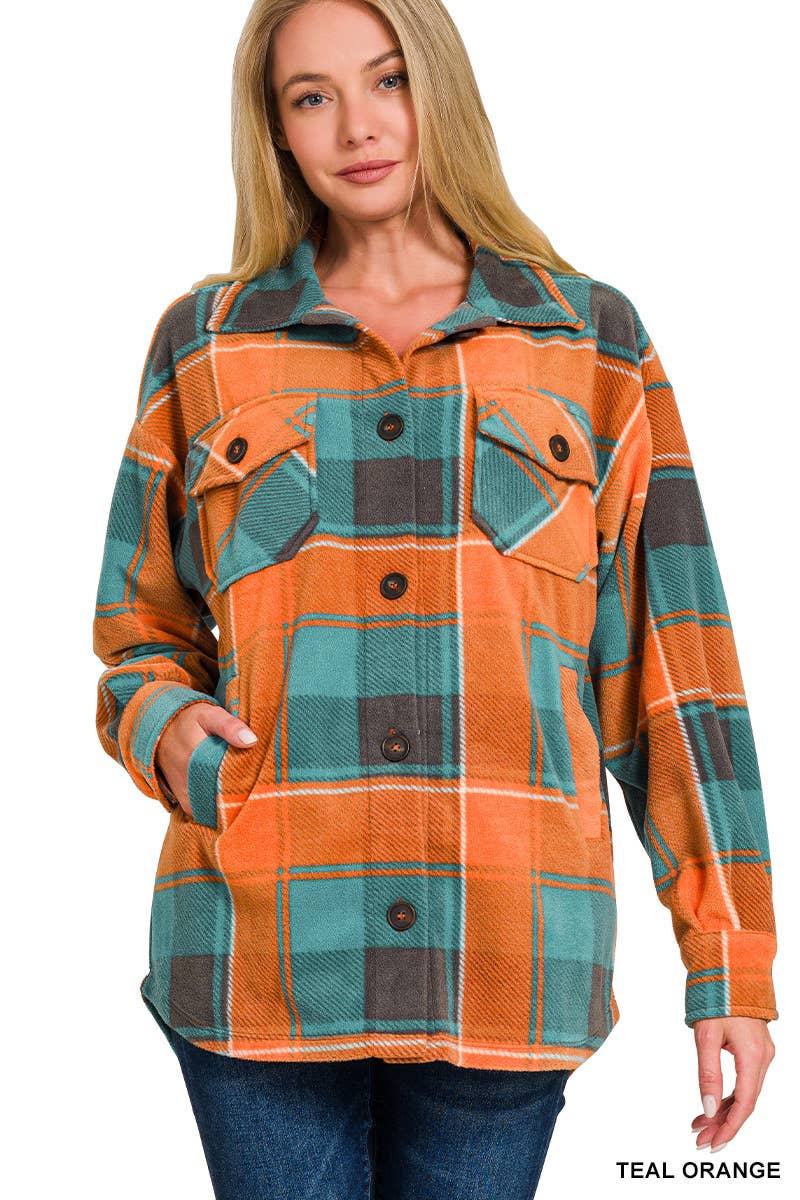 Polar Fleece Plaid Shacket With Pocket: MAGENTA/ORANGE / 2-2-2 (S-M-L)