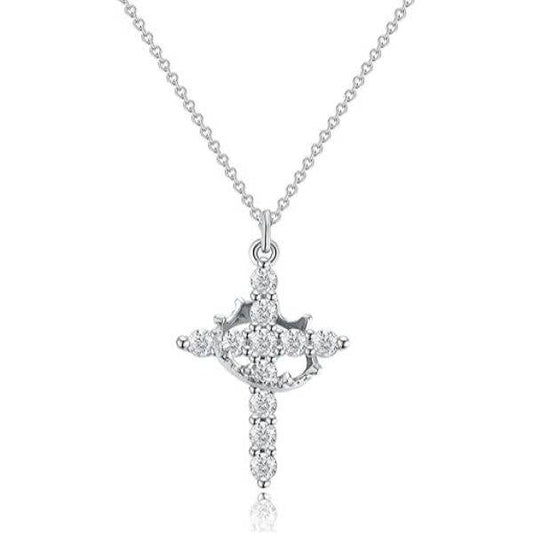 Sparkling Crown Cross Pendant Necklace Christian Jewelry: Silver