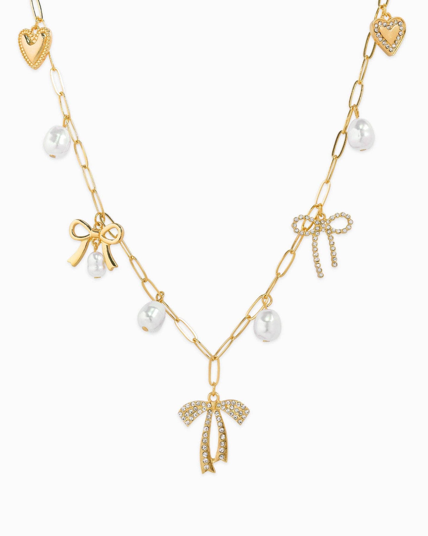 Multi Pearl Bow Charm Necklace: Rhodium