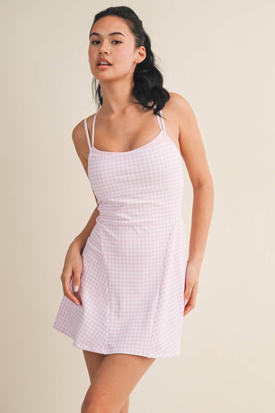 Gingham Print Double Layered Dress: Blue Gingham / M
