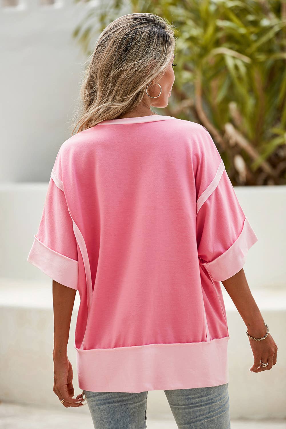 LDC Half Sleeve Raw Seam High Low Side Split Top|S-4X: Peach Blossom / Plus-1X