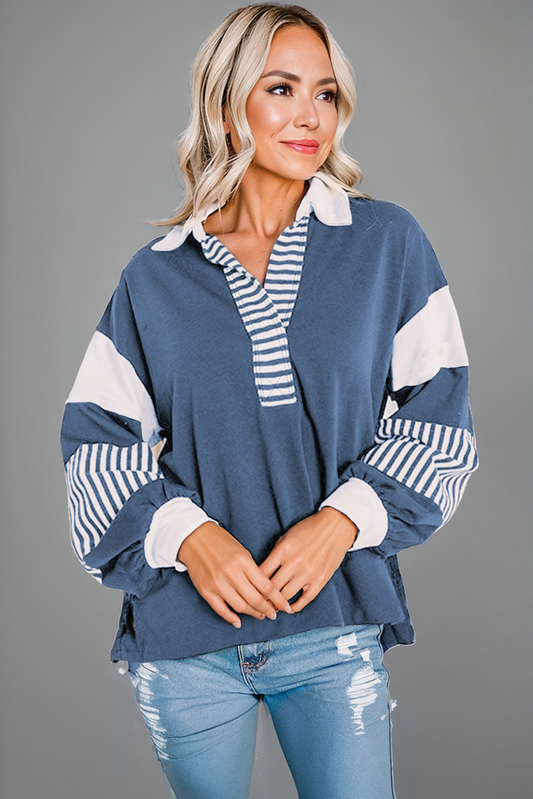 Multicolor * Colorblock Striped Collared Sweatshirt | S-2XL: Blue / Missy / L