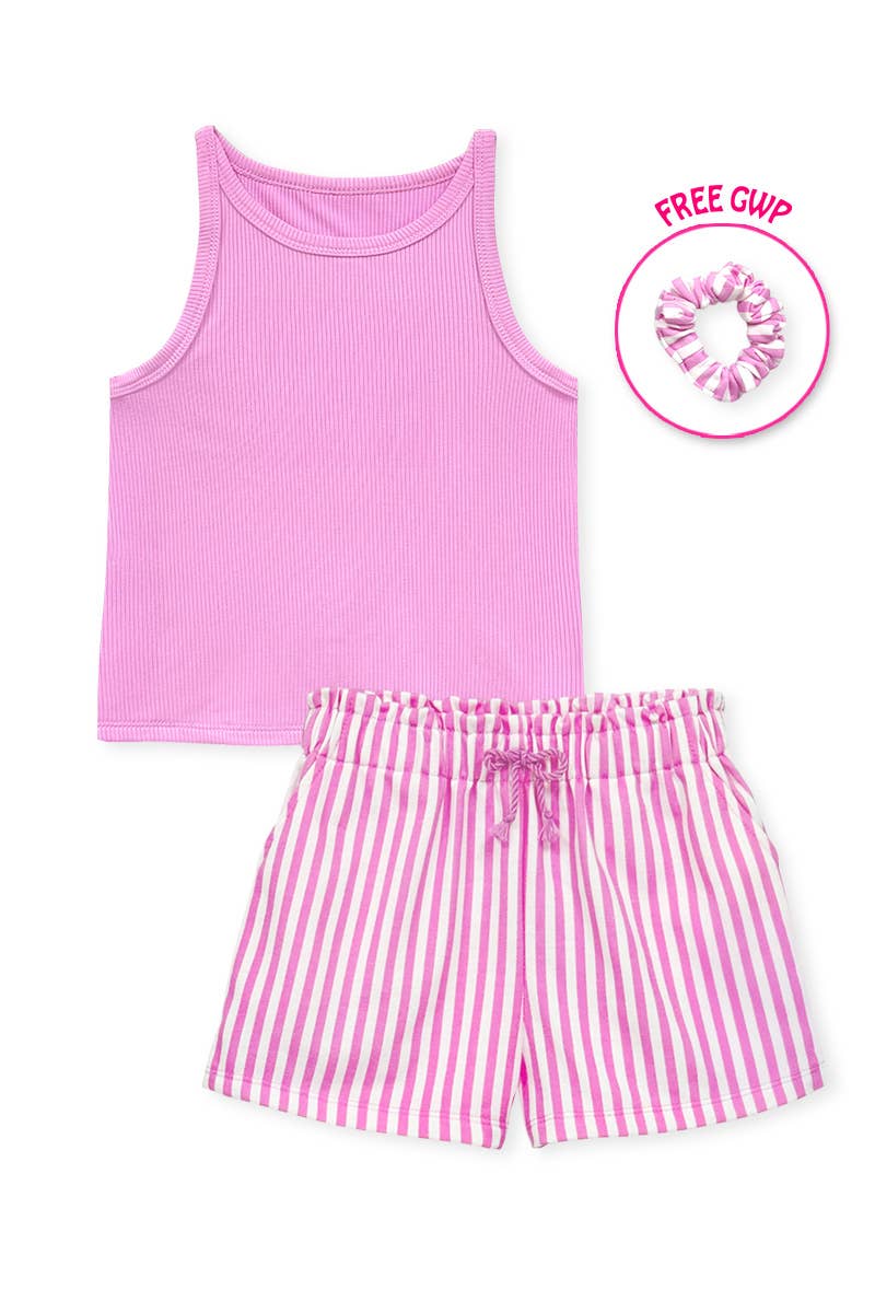 GKSS-Y26-38185- Girl's Stipe Short Set w/ Matching Scrunchie: Blue / 5