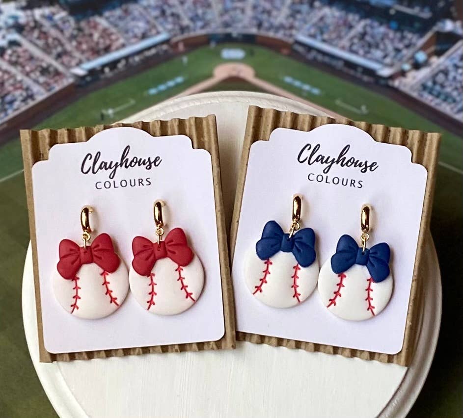 Baseball with Bow Earrings : Red