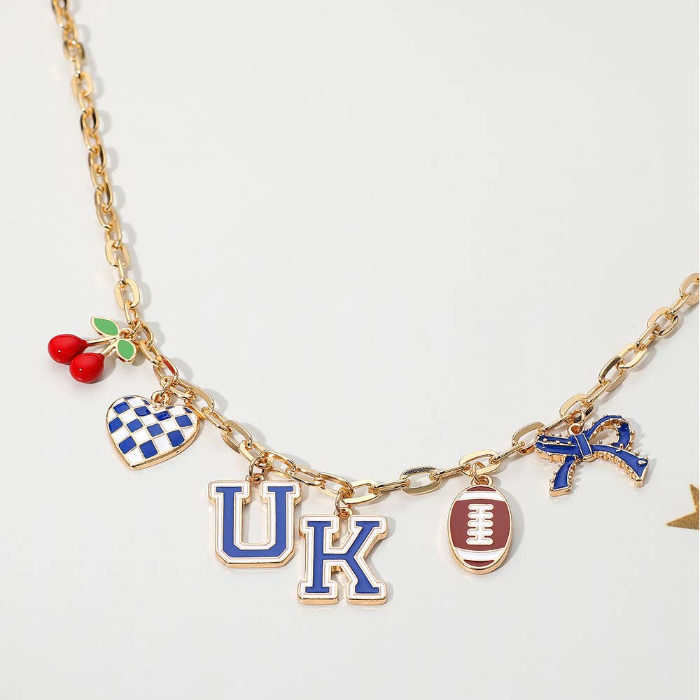 Football Theme Bow Cherry Heart Charm Station Necklace: Blue,Gold,White