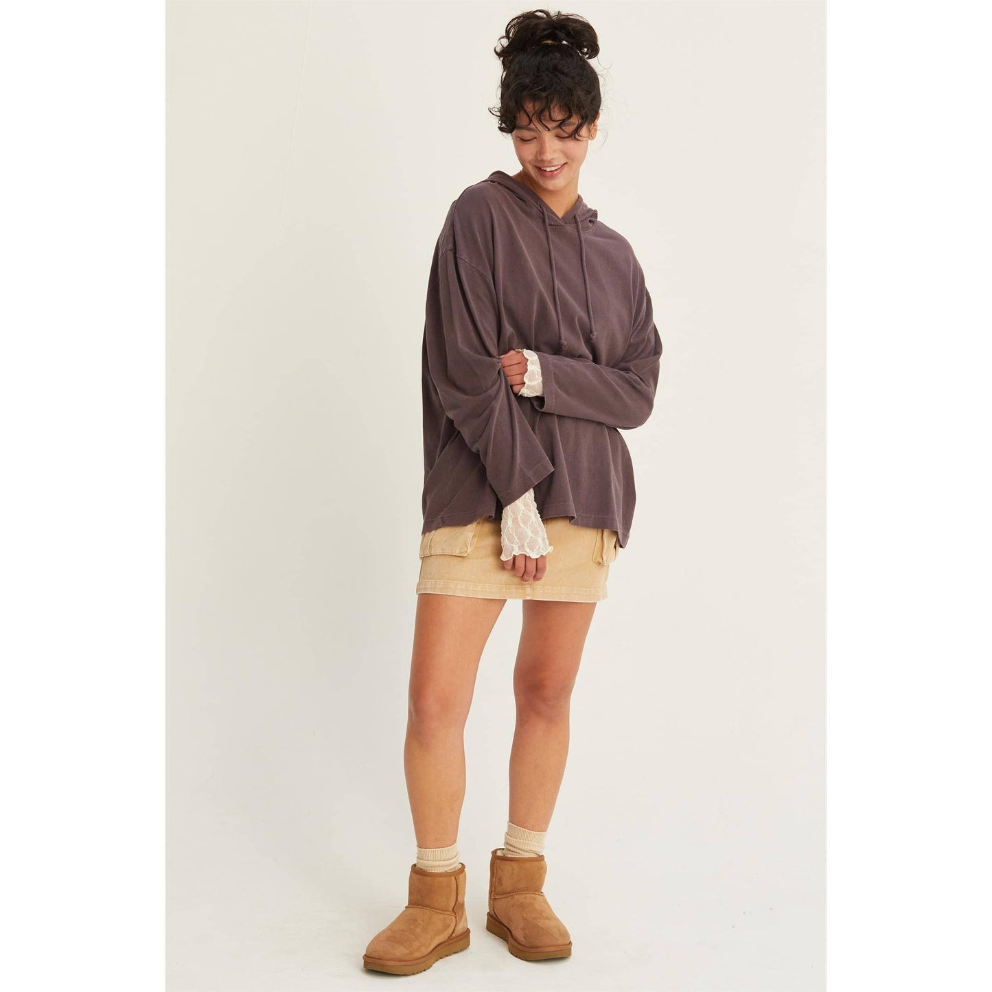 Oversized Hooded Long-Sleeve Top: BLACK / S-M-L(2-2-2)
