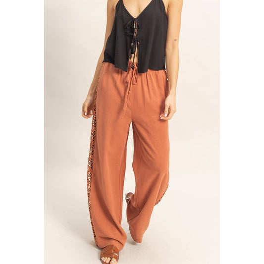 Lace Trim Wide Leg Pants: TERACOTTA / S-M-L(2-2-2)