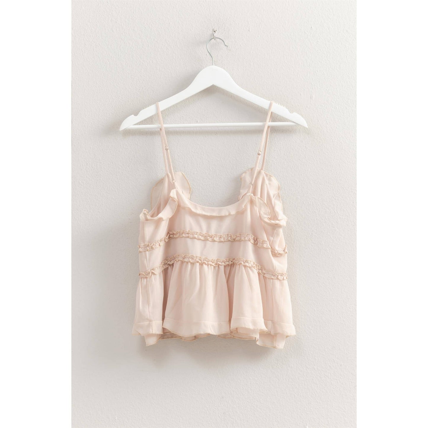 HF25E382-Chiffon Sleeveless Ruffled Cami Top: GREEN / S-M-L(2-2-2)