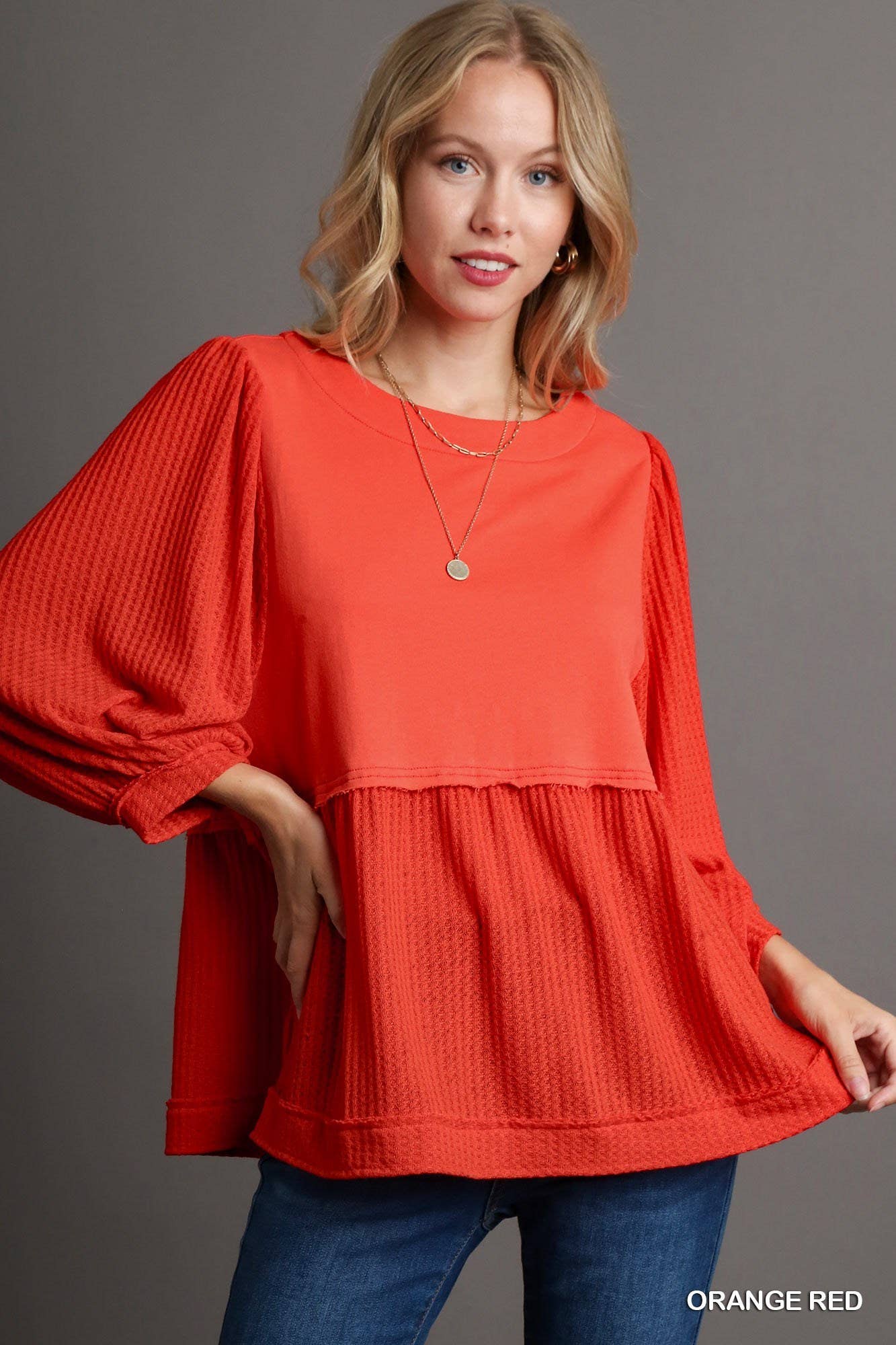 Solid French Terry Top With Thermal Contrast Sleeve: BROWN / 2-2-2 (S-M-L)