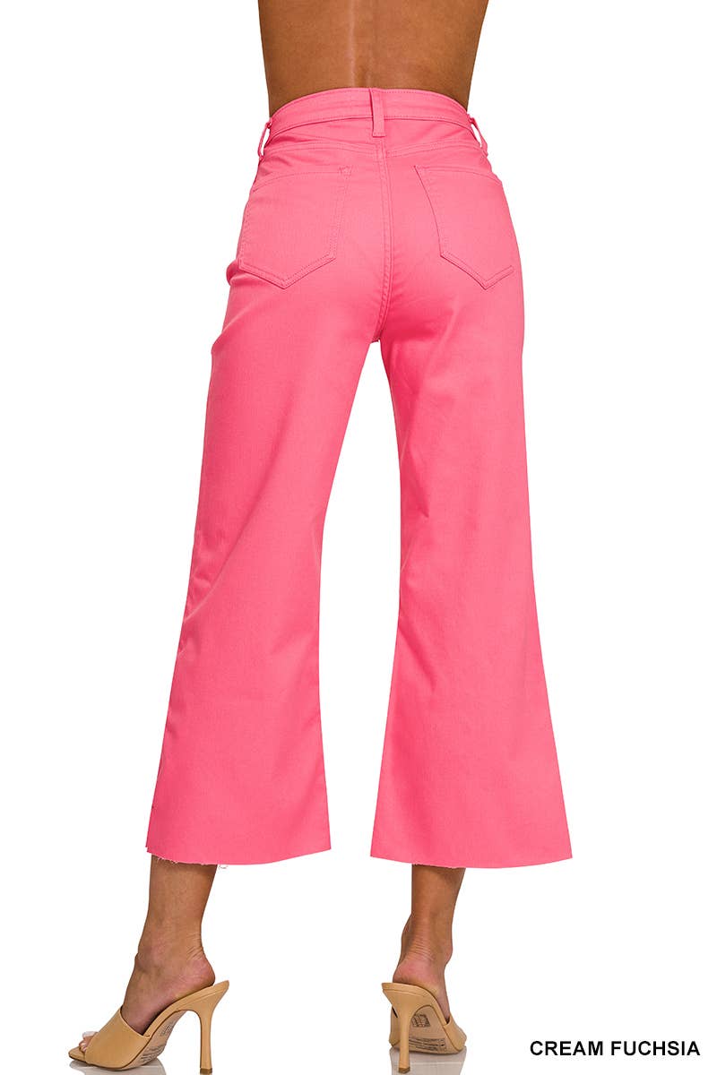 High Rise Flare Cropped Color Denim Pants: FUCHSIA / 1-2-2-1 (S-M-L-XL)