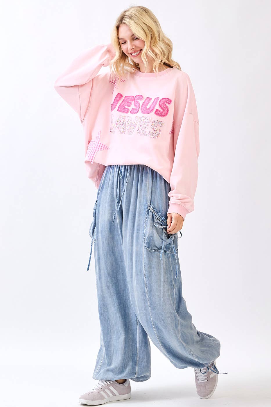 JESUS SAVES PATCHWORK CREW NECK SWEATSHIRT: ICY PINK / S-M-L(2-2-2)