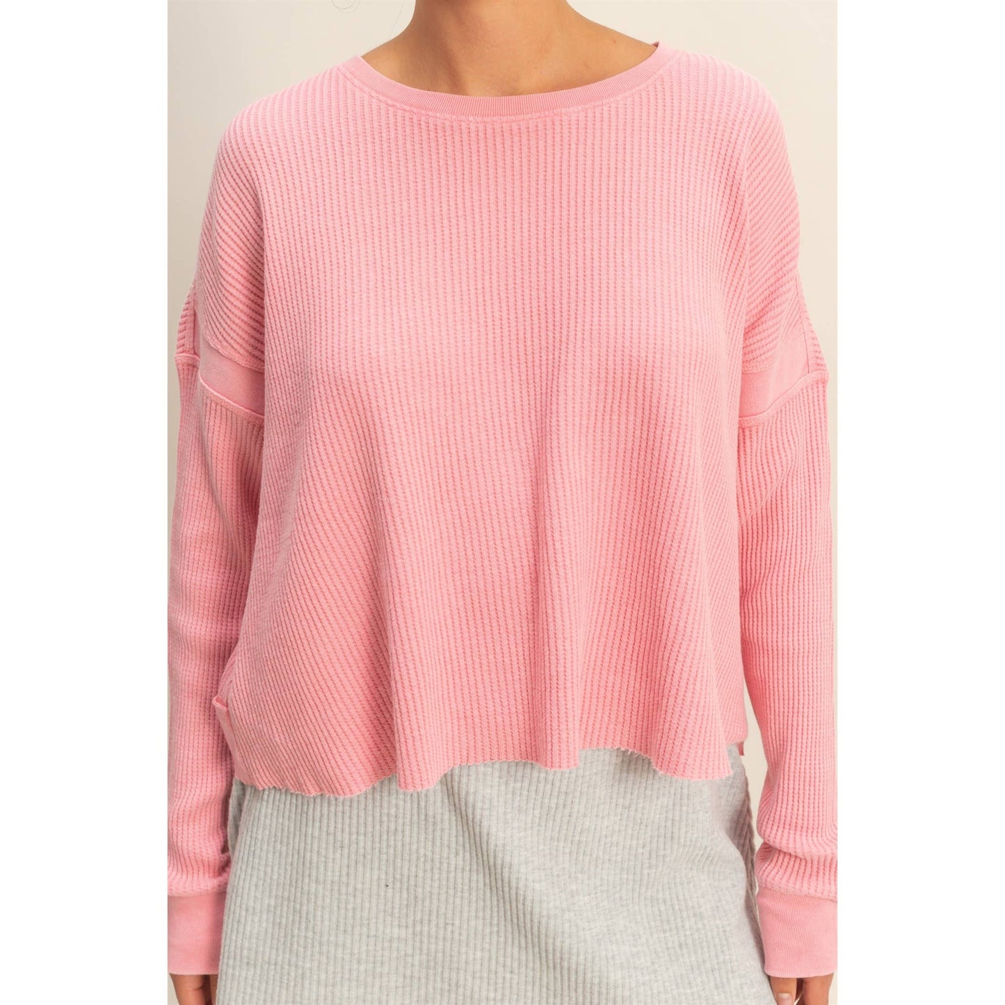 Chic Open Back Textured Knit Long Sleeve Top: CREAM / S-M-L(2-2-2)